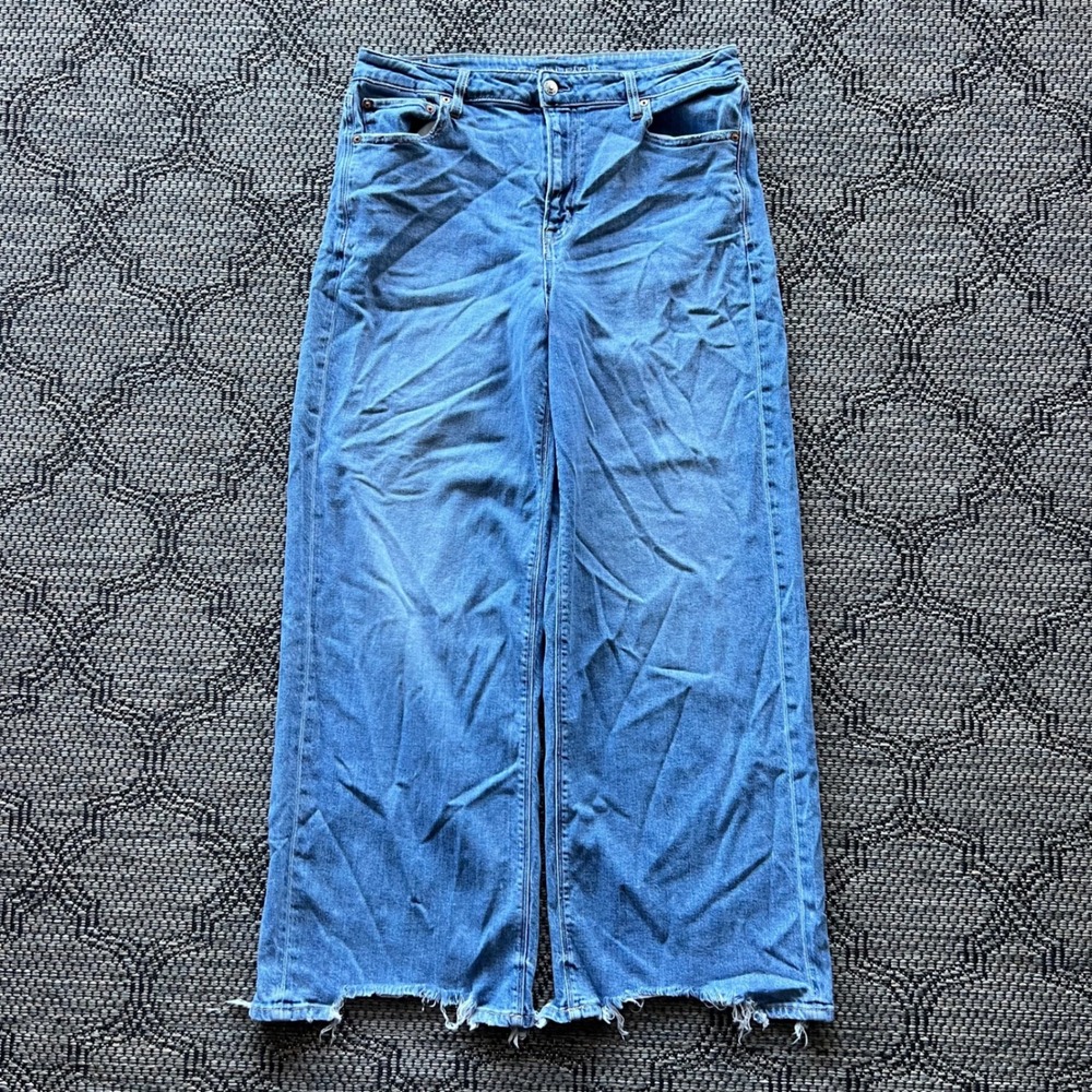 American Eagle Jeans Women 12 Blue Super High Rise Baggy Wide Leg Raw Hem Denim